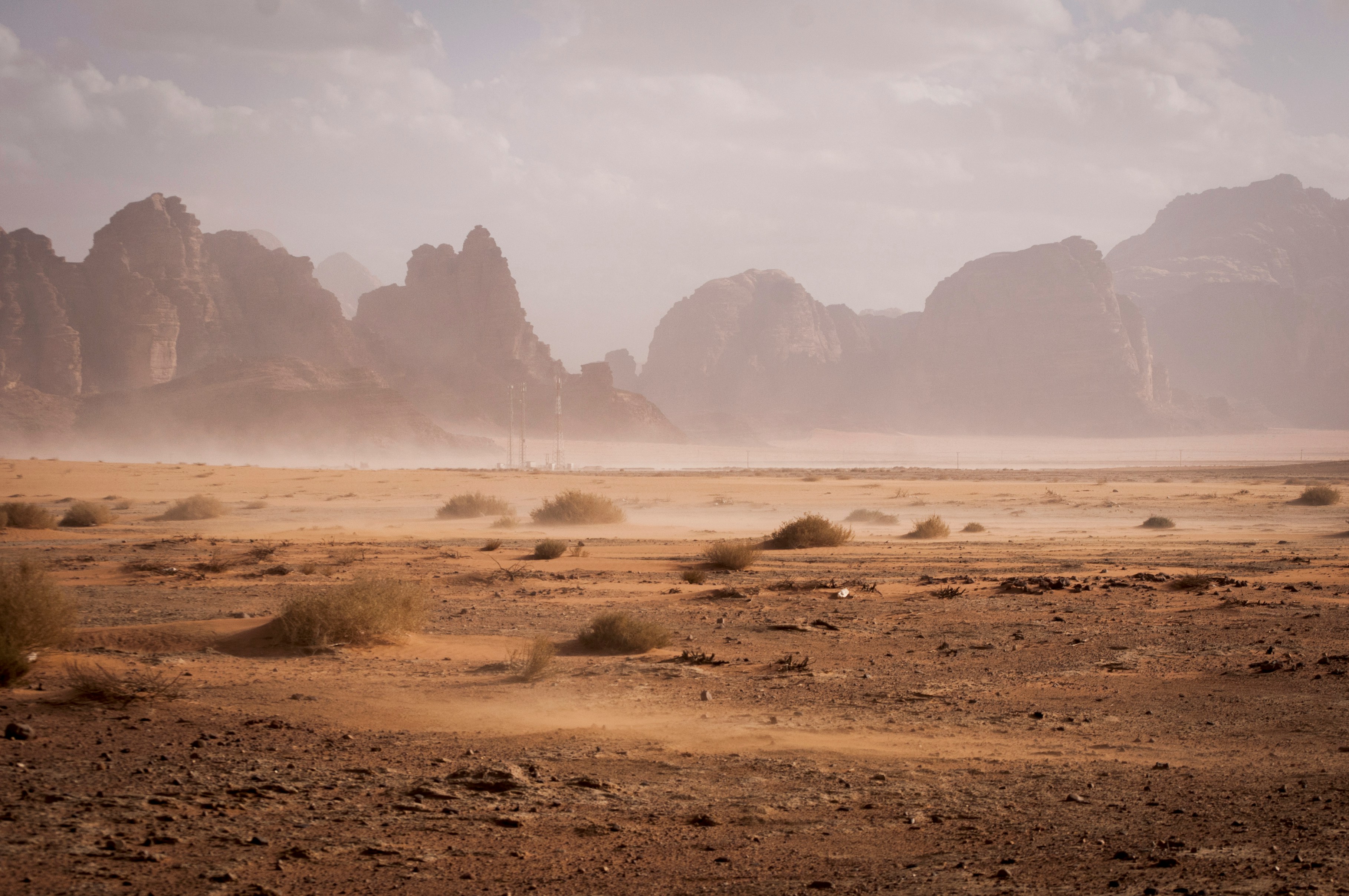 Red sandstone mountains and desert landscape near Aqaba in southern Jordan