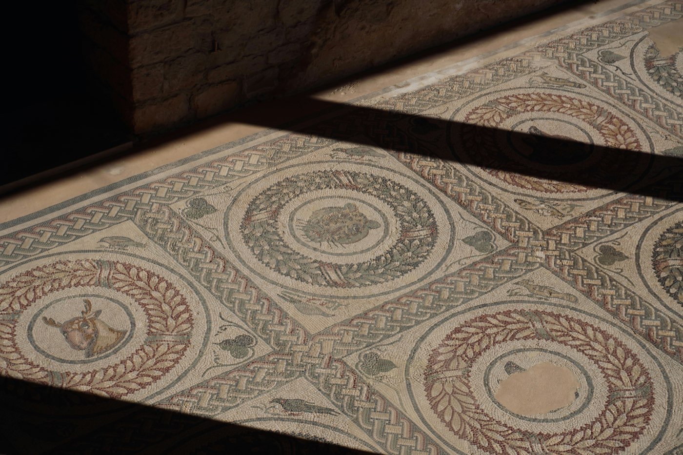 Ancient mosaic floor with circular medallions and animal figures — Byzantine art of Jordan