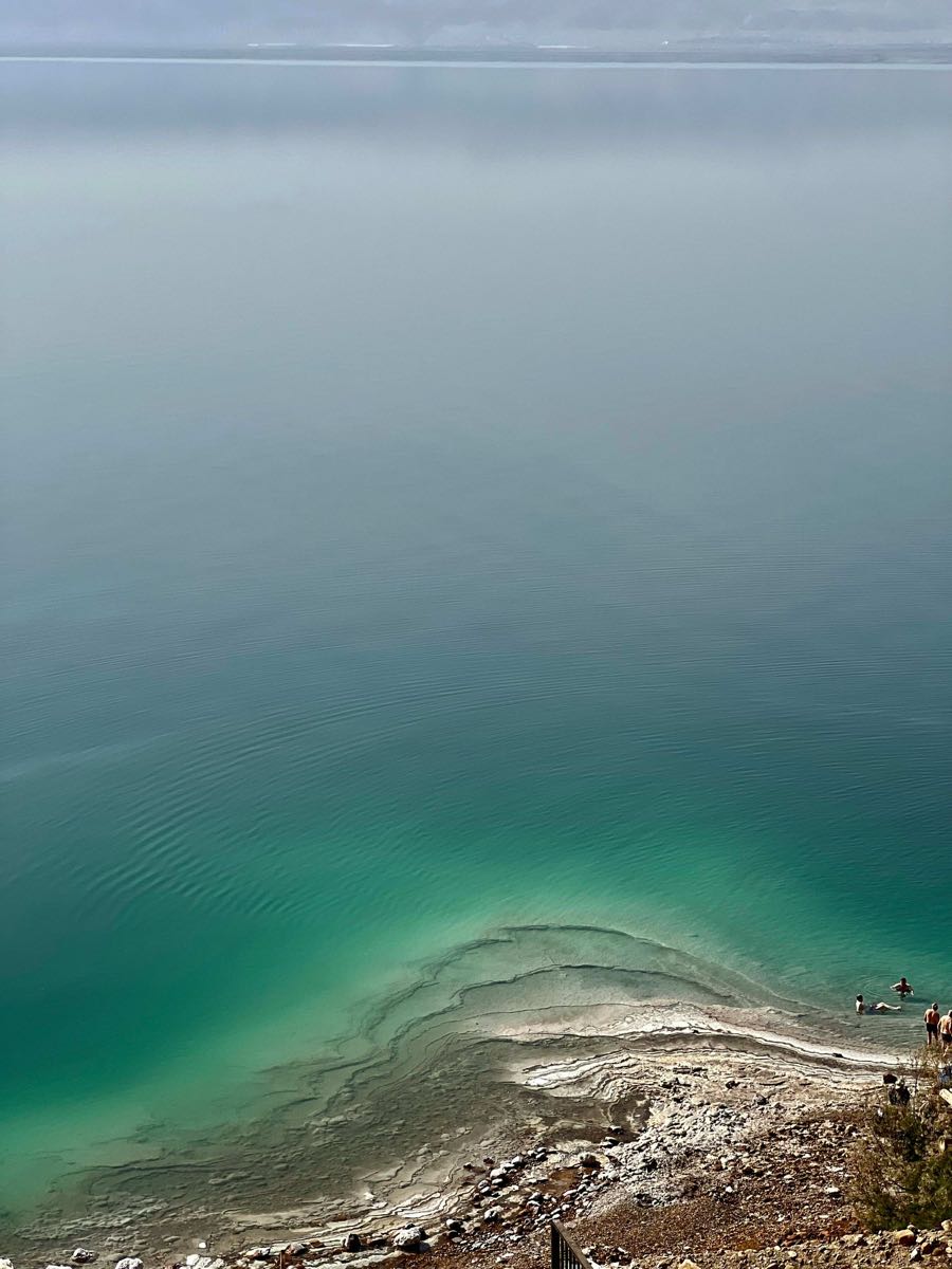 Turquoise Dead Sea waters viewed from above the shoreline, Jordan