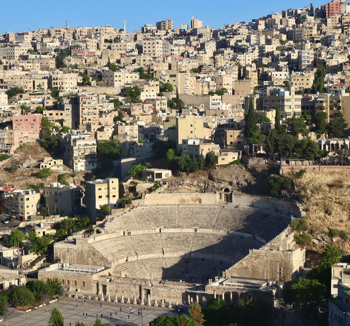 Aerial view of Amman with the Roman Theatre amphitheatre at the centre of the historic city