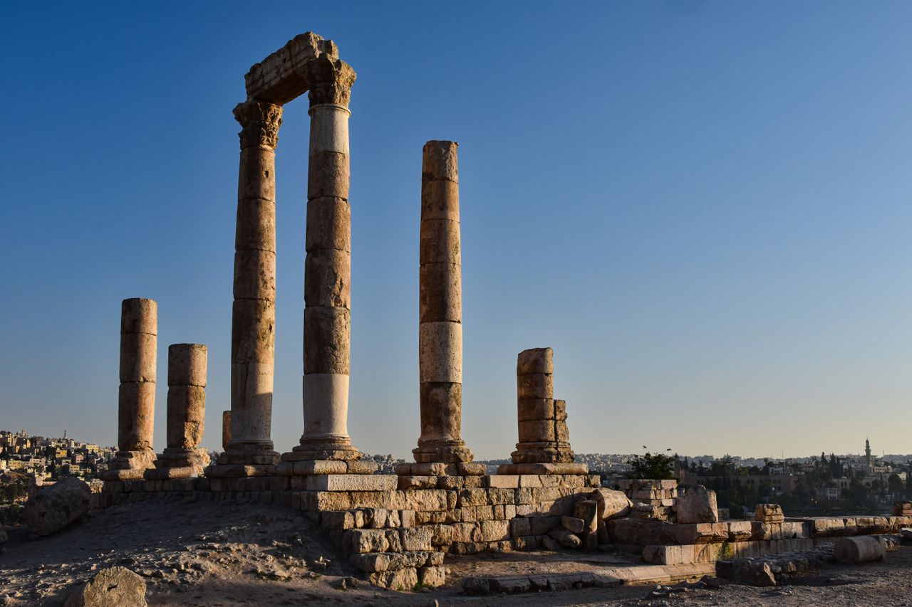 Columns of the Temple of Hercules at the Amman Citadel at golden hour