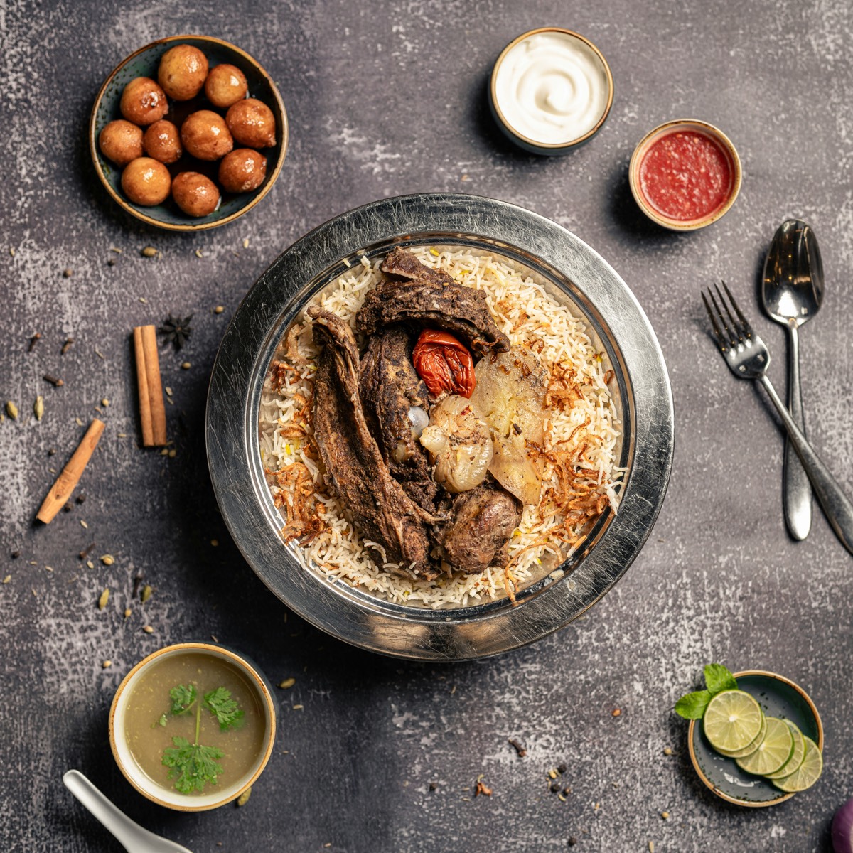 Lunch table with mezze dishes on the terrace overlooking the Sea of Galilee, Umm Qais