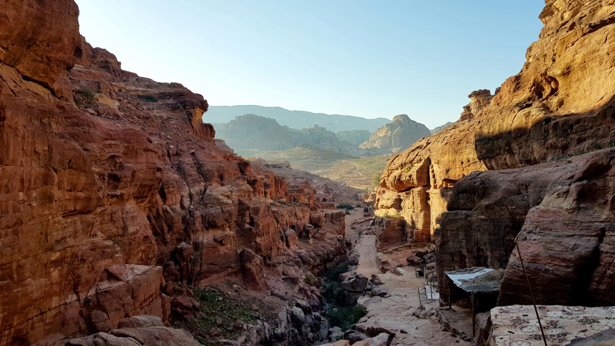 Narrow canyon walls of the Siq gorge at Wadi Mujib, Jordan